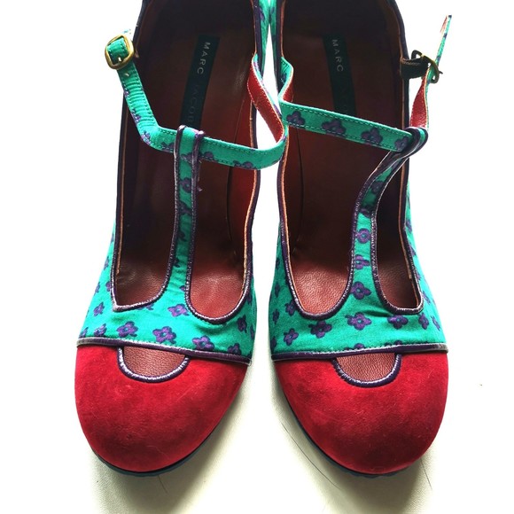 MARC JACOBS Canvas Floral Print Pumps Teal Red Adjustable Almond Toe SZ 9 Retro - Picture 2 of 10